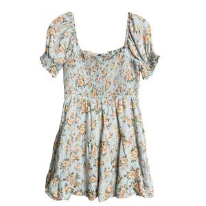 AE‎ Picnic Pretty Puff Sleeve Babydoll Dress Womens XS Light Blue Floral Ditsy
